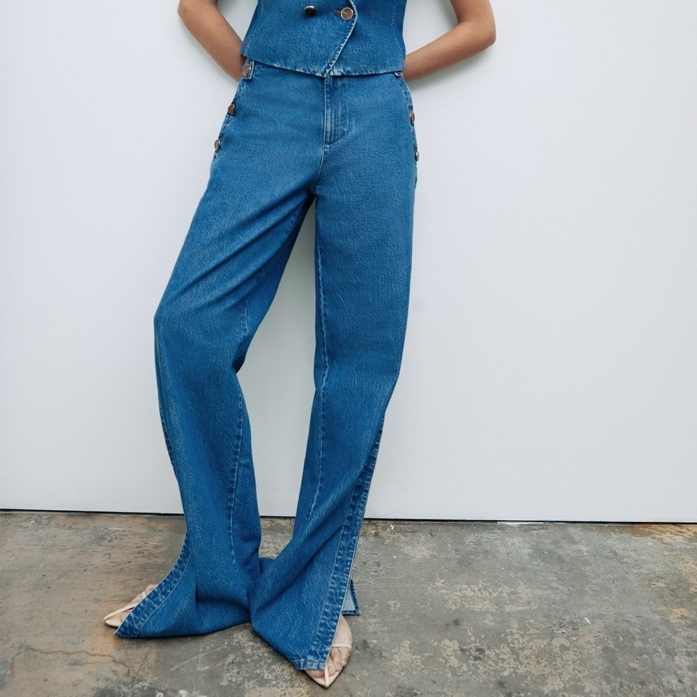 Tanya Taylor wide leg jeans slit hem button detail